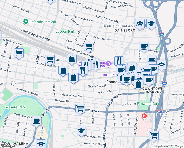 map of restaurants, bars, coffee shops, grocery stores, and more near 208 4th Street Southwest in Roanoke