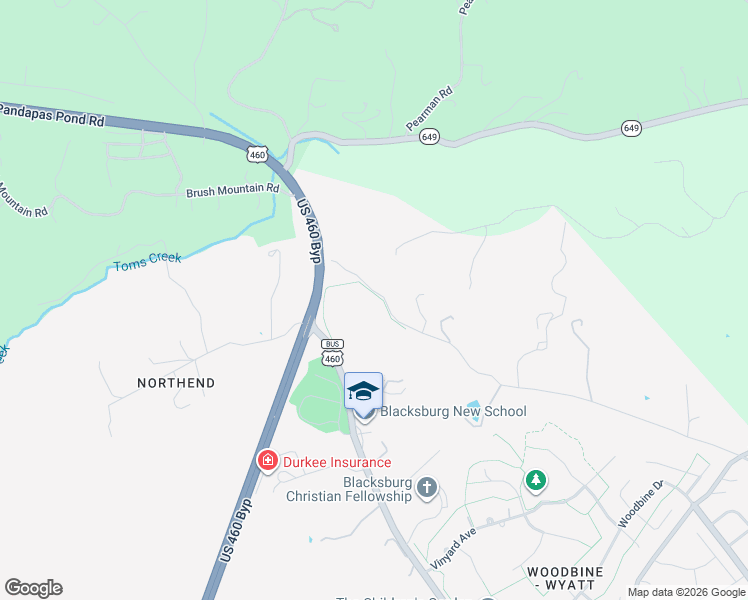 map of restaurants, bars, coffee shops, grocery stores, and more near 212 Bishop Road in Blacksburg