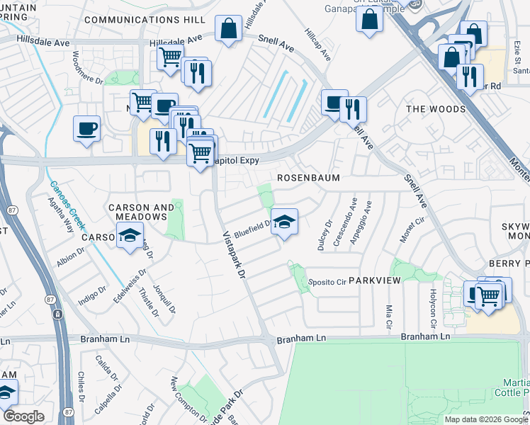 map of restaurants, bars, coffee shops, grocery stores, and more near 344 Viewpark Circle in San Jose