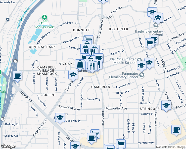 map of restaurants, bars, coffee shops, grocery stores, and more near 2062 Curtner Avenue in San Jose