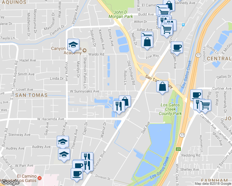 map of restaurants, bars, coffee shops, grocery stores, and more near 410 West Sunnyoaks Avenue in Campbell