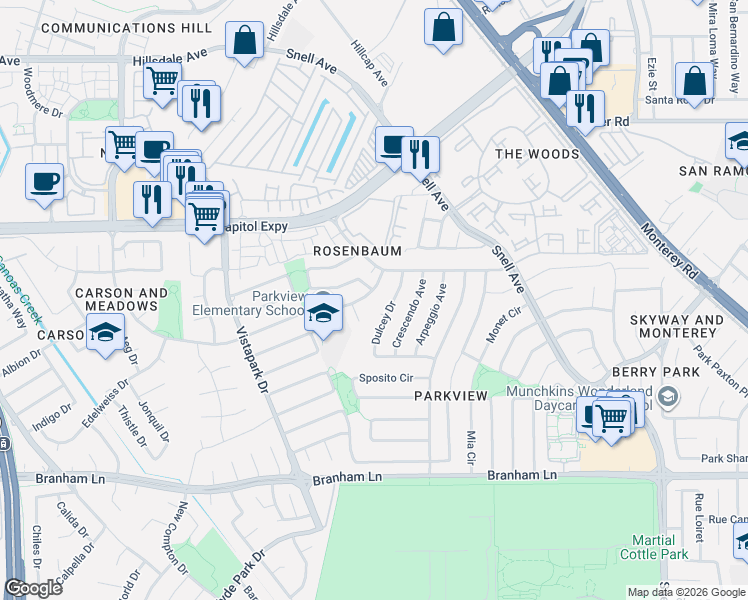 map of restaurants, bars, coffee shops, grocery stores, and more near 282 Bluefield Drive in San Jose