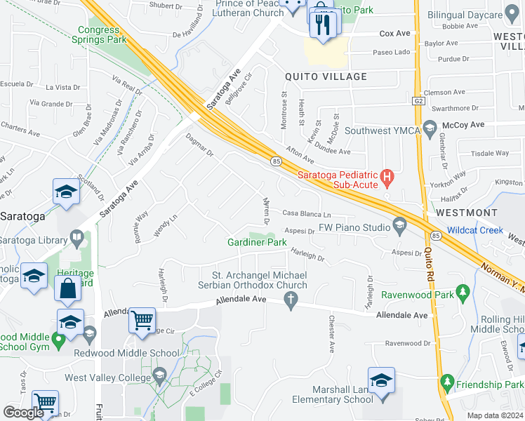 map of restaurants, bars, coffee shops, grocery stores, and more near 13513 Myren Drive in Saratoga