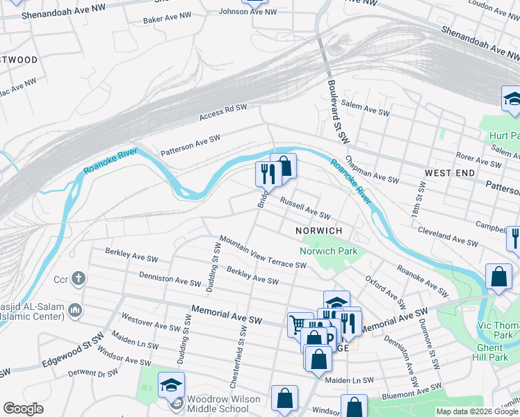 map of restaurants, bars, coffee shops, grocery stores, and more near 2400 Roanoke Avenue Southwest in Roanoke