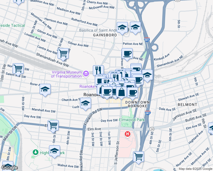 map of restaurants, bars, coffee shops, grocery stores, and more near 101 Campbell Avenue Southeast in Roanoke