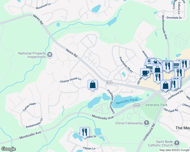 map of restaurants, bars, coffee shops, grocery stores, and more near 124 Old Carriage Way in Williamsburg