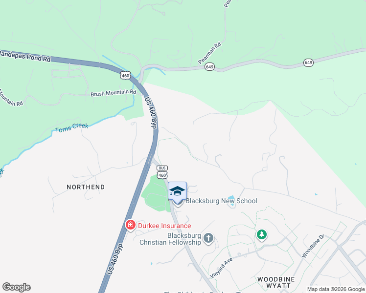 map of restaurants, bars, coffee shops, grocery stores, and more near 212 Bishop Road in Blacksburg