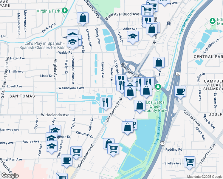 map of restaurants, bars, coffee shops, grocery stores, and more near 300 West Sunnyoaks Avenue in Campbell