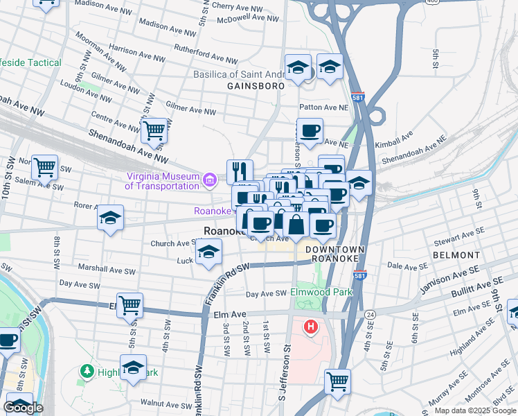 map of restaurants, bars, coffee shops, grocery stores, and more near 109 Campbell Avenue Southwest in Roanoke