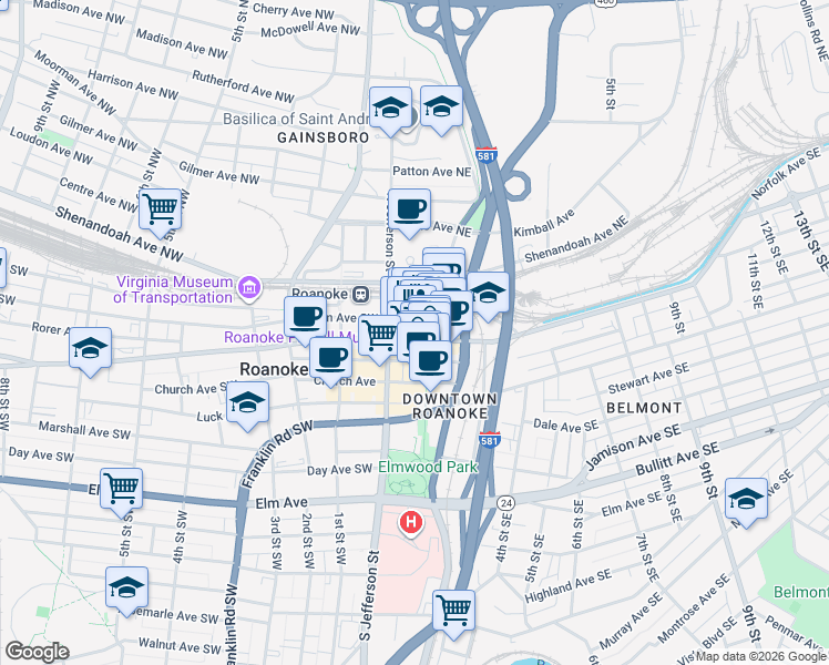map of restaurants, bars, coffee shops, grocery stores, and more near 24 Campbell Avenue Southeast in Roanoke
