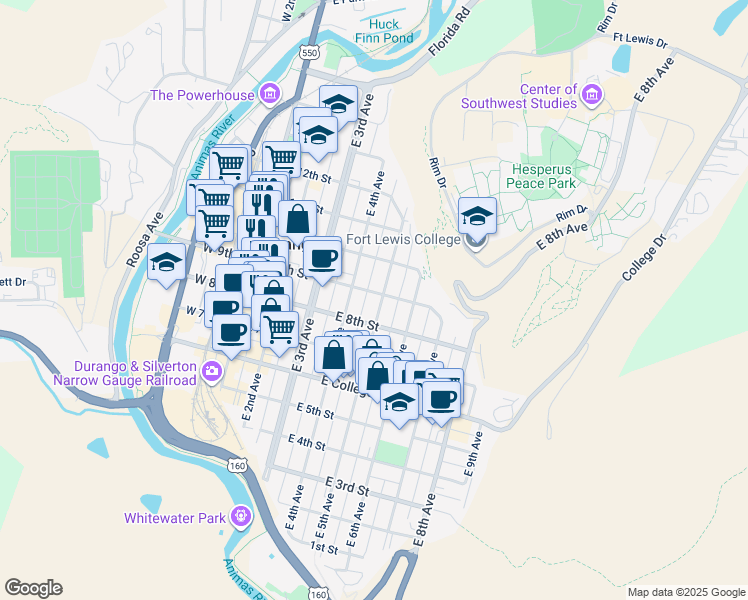 map of restaurants, bars, coffee shops, grocery stores, and more near 863 East 5th Avenue in Durango