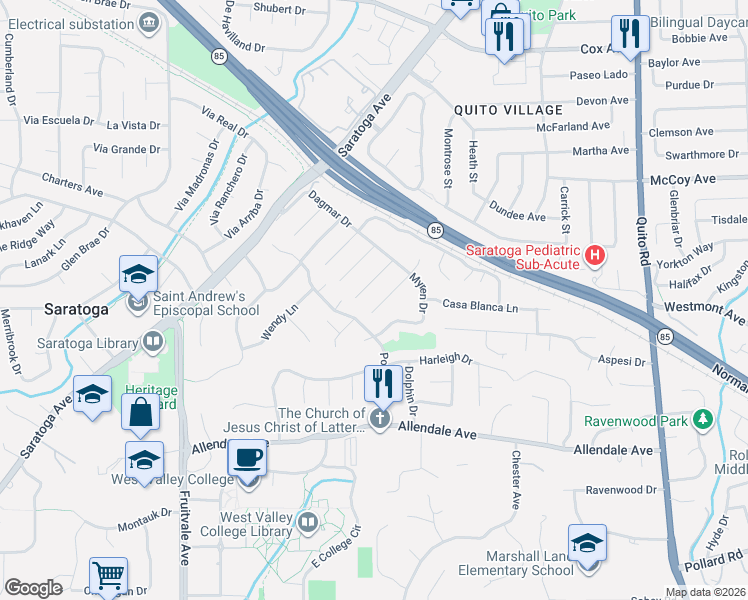 map of restaurants, bars, coffee shops, grocery stores, and more near 13525 Holiday Drive in Saratoga