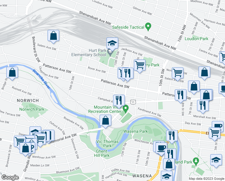 map of restaurants, bars, coffee shops, grocery stores, and more near 1405 Chapman Avenue Southwest in Roanoke