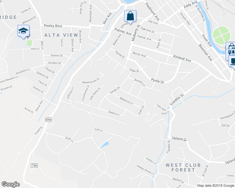 map of restaurants, bars, coffee shops, grocery stores, and more near 401 Rebecca Lane in Salem