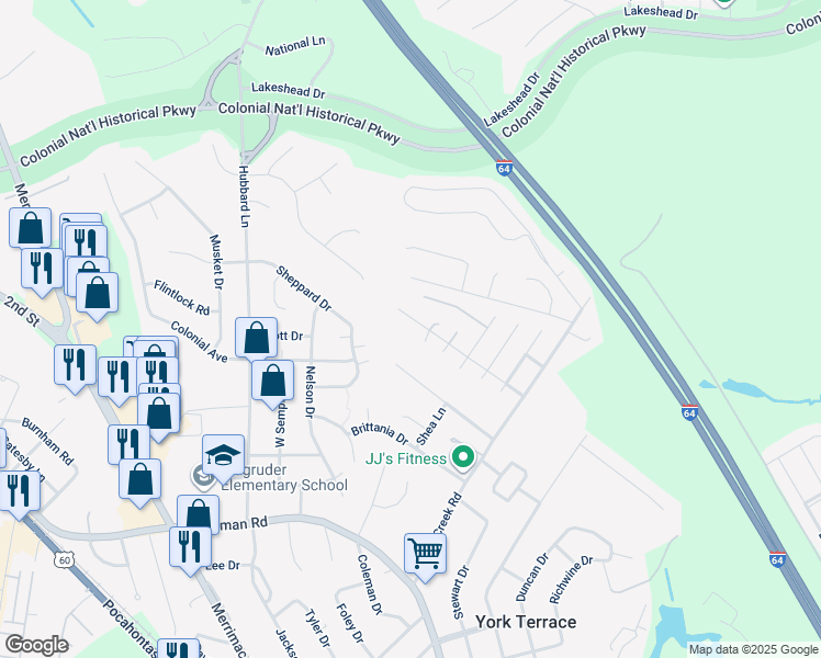 map of restaurants, bars, coffee shops, grocery stores, and more near 603 Golden Drive in Williamsburg