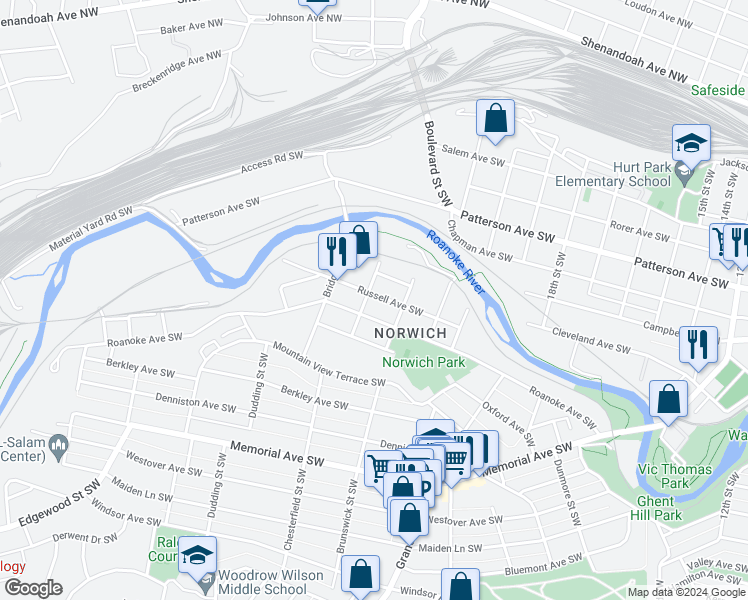 map of restaurants, bars, coffee shops, grocery stores, and more near 2226 Russell Avenue Southwest in Roanoke