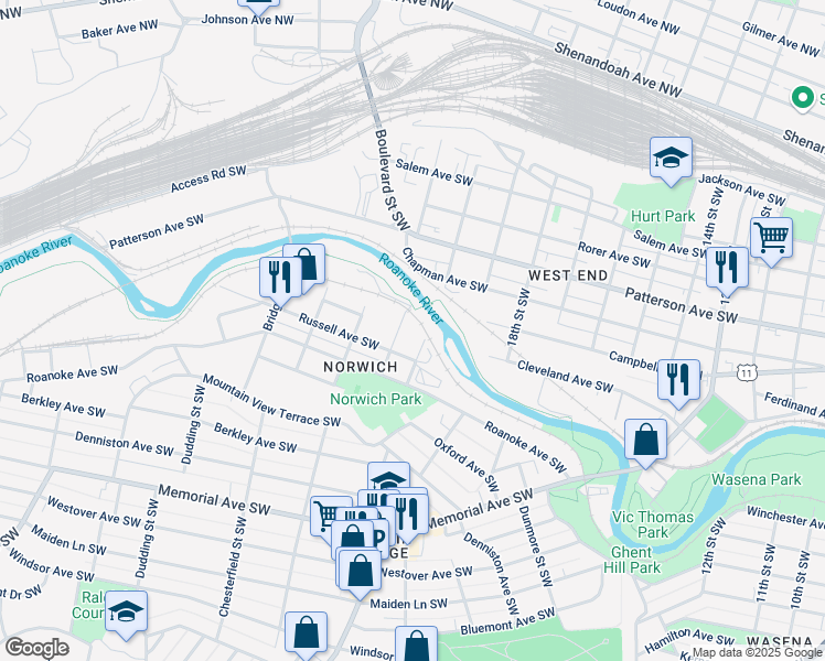 map of restaurants, bars, coffee shops, grocery stores, and more near 618 Ashlawn Street Southwest in Roanoke