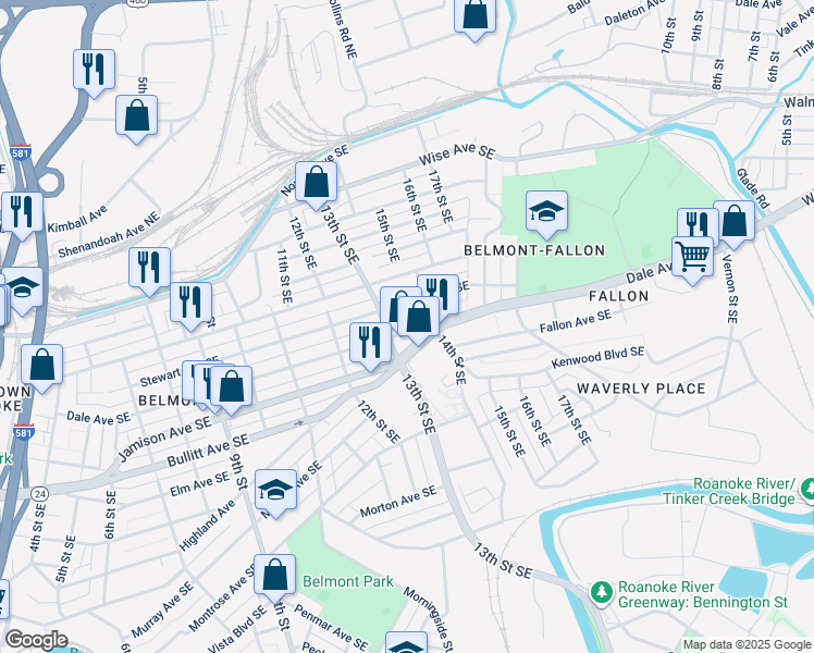 map of restaurants, bars, coffee shops, grocery stores, and more near 1314 Dale Avenue Southeast in Roanoke