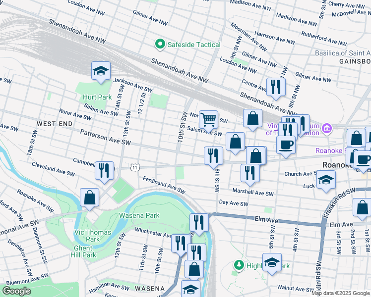 map of restaurants, bars, coffee shops, grocery stores, and more near 921 Patterson Avenue Southwest in Roanoke