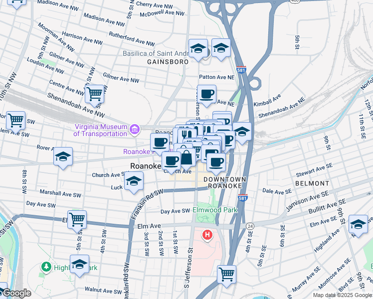 map of restaurants, bars, coffee shops, grocery stores, and more near 21 Campbell Ave SW in Roanoke