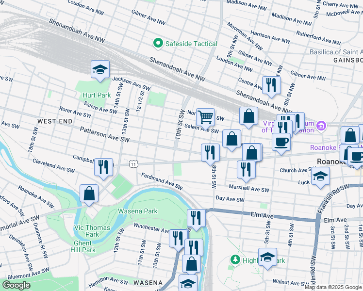 map of restaurants, bars, coffee shops, grocery stores, and more near 921 Patterson Avenue Southwest in Roanoke