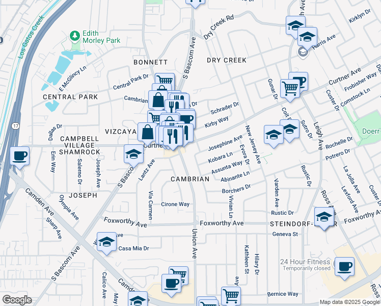 map of restaurants, bars, coffee shops, grocery stores, and more near 2751 Nicholas Drive in San Jose