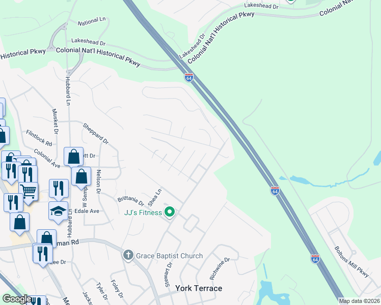 map of restaurants, bars, coffee shops, grocery stores, and more near 203 Chardonnay Road in Williamsburg