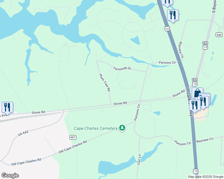 map of restaurants, bars, coffee shops, grocery stores, and more near 22373 Rogue Road in Cape Charles