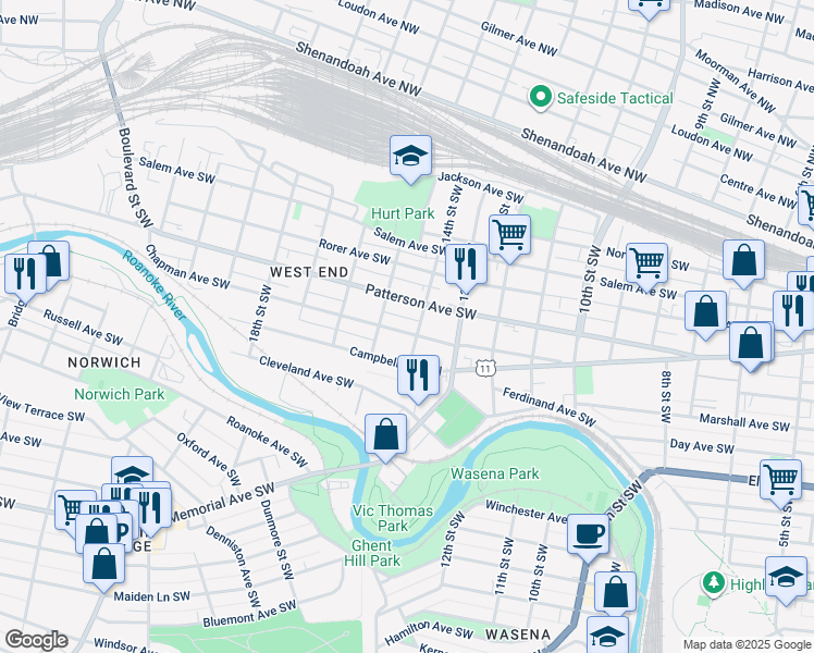 map of restaurants, bars, coffee shops, grocery stores, and more near 1409 Chapman Avenue Southwest in Roanoke