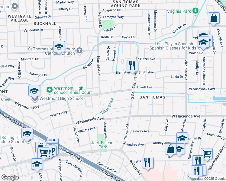 map of restaurants, bars, coffee shops, grocery stores, and more near 1445 Westmont Avenue in Campbell