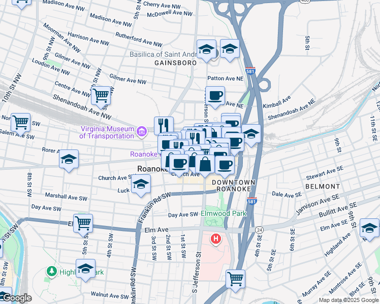 map of restaurants, bars, coffee shops, grocery stores, and more near 29 Campbell Avenue Southwest in Roanoke