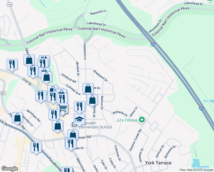 map of restaurants, bars, coffee shops, grocery stores, and more near 151 Nelson Drive in Williamsburg