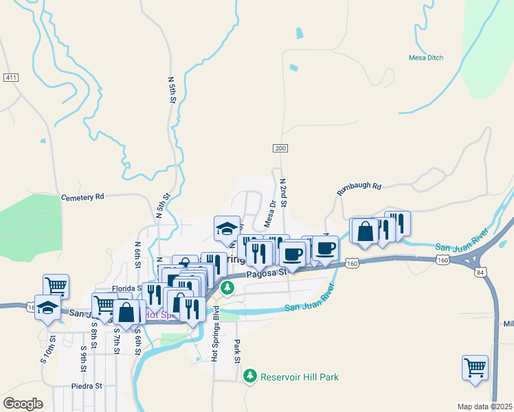 map of restaurants, bars, coffee shops, grocery stores, and more near 323 Mesa Drive in Pagosa Springs