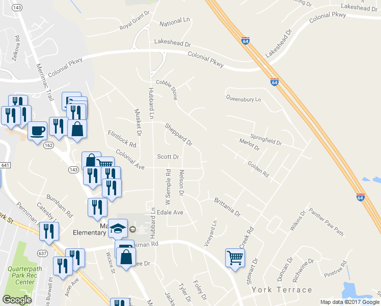map of restaurants, bars, coffee shops, grocery stores, and more near 151 Nelson Drive in Williamsburg