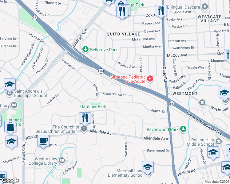 map of restaurants, bars, coffee shops, grocery stores, and more near 18823 Casa Blanca Lane in Saratoga
