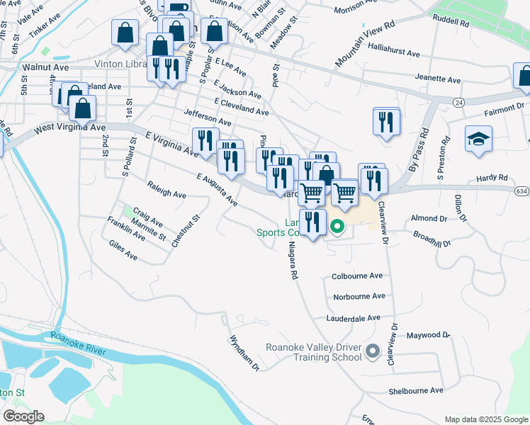 map of restaurants, bars, coffee shops, grocery stores, and more near 634 East Augusta Avenue in Vinton