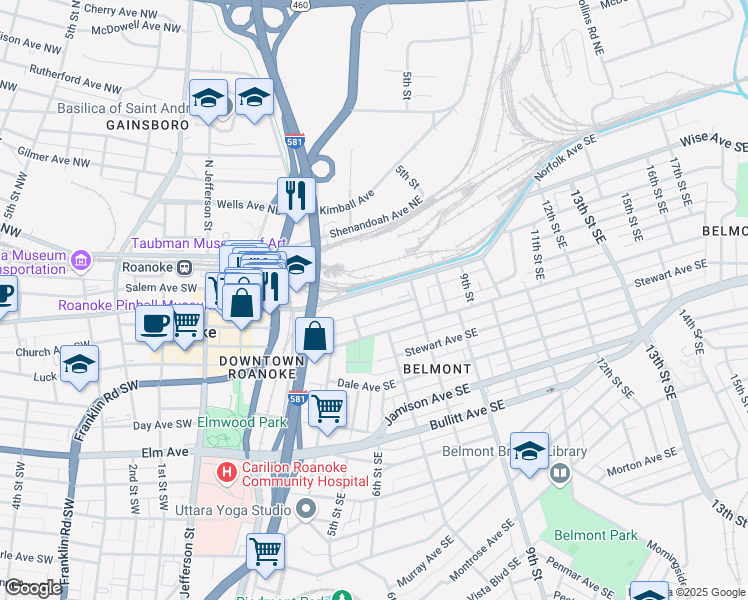 map of restaurants, bars, coffee shops, grocery stores, and more near 631 Campbell Avenue Southeast in Roanoke