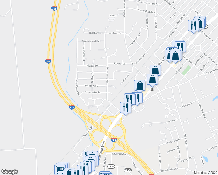 map of restaurants, bars, coffee shops, grocery stores, and more near 3810 Yorktown Drive in Hopewell
