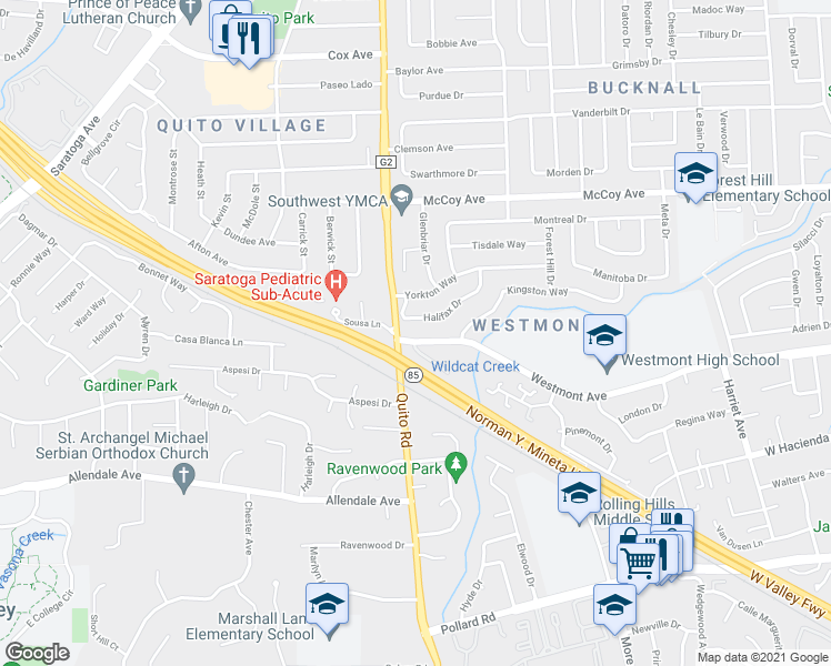 map of restaurants, bars, coffee shops, grocery stores, and more near 5283 Westmont Avenue in San Jose