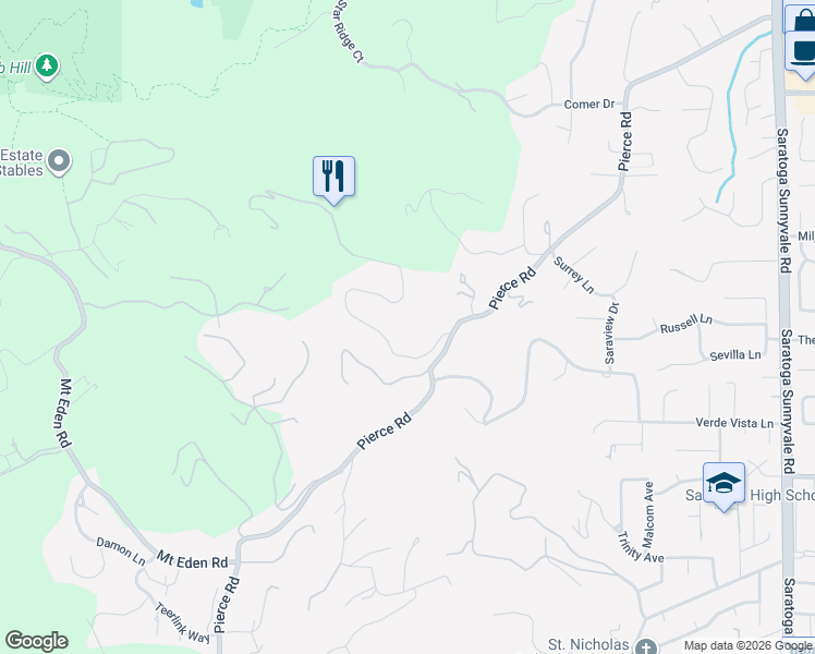 map of restaurants, bars, coffee shops, grocery stores, and more near 13546 Old Oak Way in Saratoga