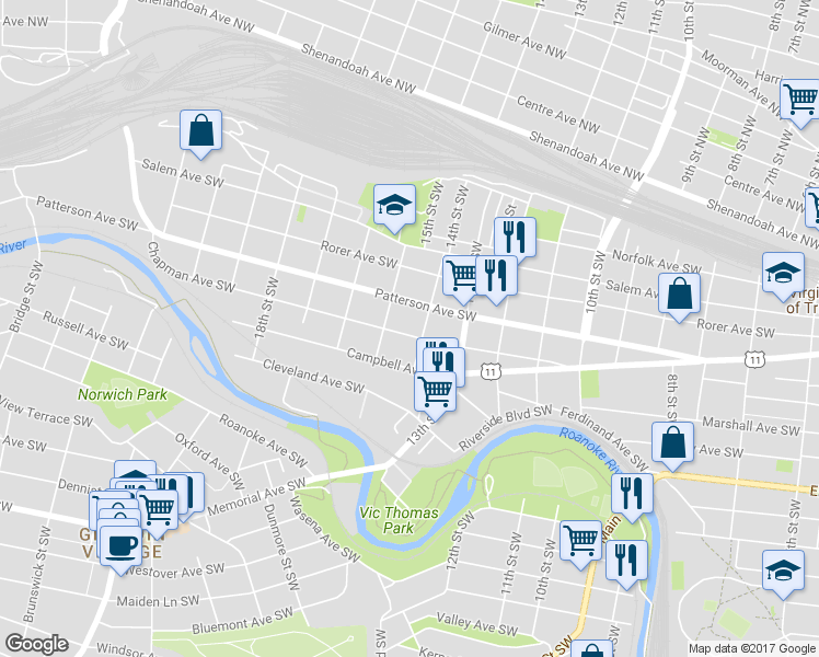 map of restaurants, bars, coffee shops, grocery stores, and more near 1411 Chapman Avenue Southwest in Roanoke