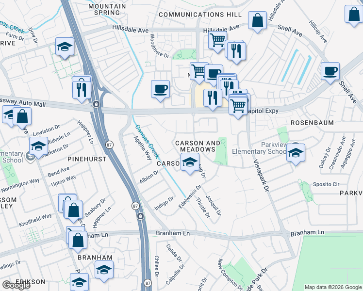 map of restaurants, bars, coffee shops, grocery stores, and more near 603 Albion Court in San Jose
