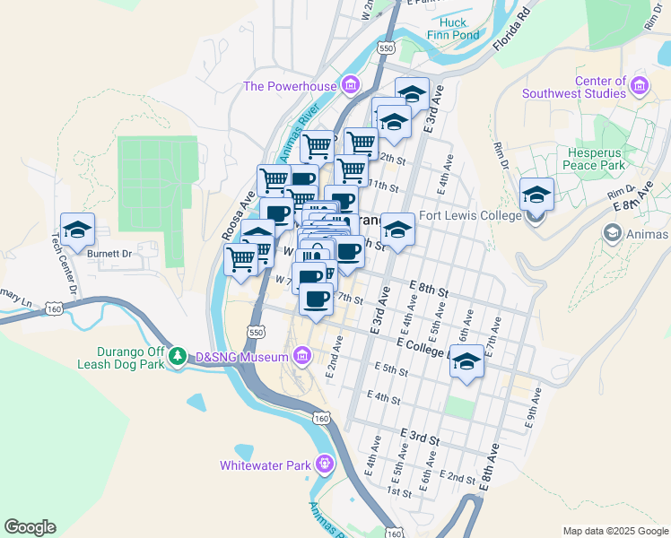 map of restaurants, bars, coffee shops, grocery stores, and more near 102 East 8th Street in Durango