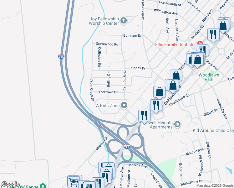 map of restaurants, bars, coffee shops, grocery stores, and more near 3906 Yorktown Drive in Hopewell