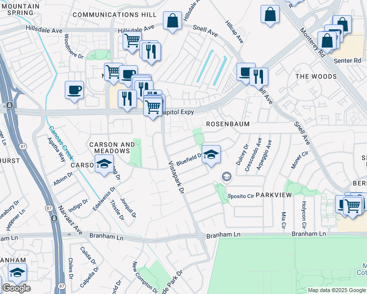 map of restaurants, bars, coffee shops, grocery stores, and more near 371 Viewpark Circle in San Jose