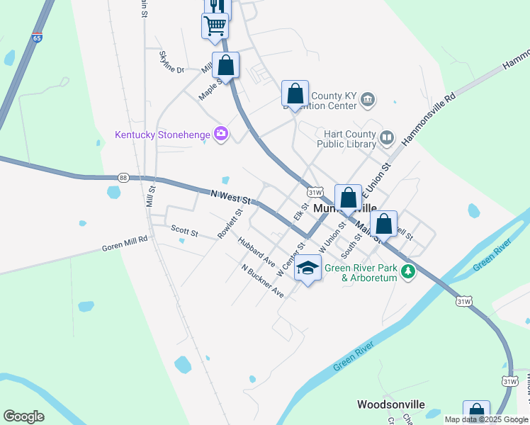 map of restaurants, bars, coffee shops, grocery stores, and more near 607 North West Street in Munfordville