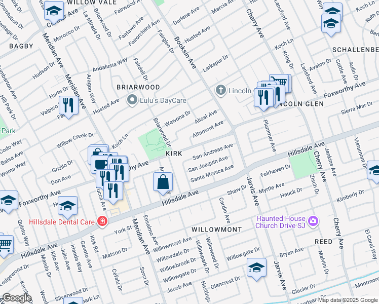 map of restaurants, bars, coffee shops, grocery stores, and more near 1556 Foxworthy Avenue in San Jose