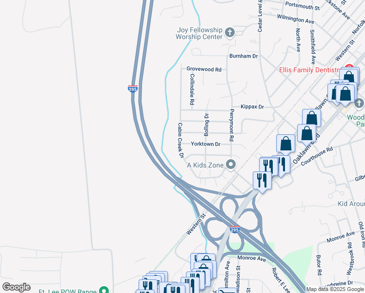 map of restaurants, bars, coffee shops, grocery stores, and more near 625 Cabin Creek Drive in Hopewell