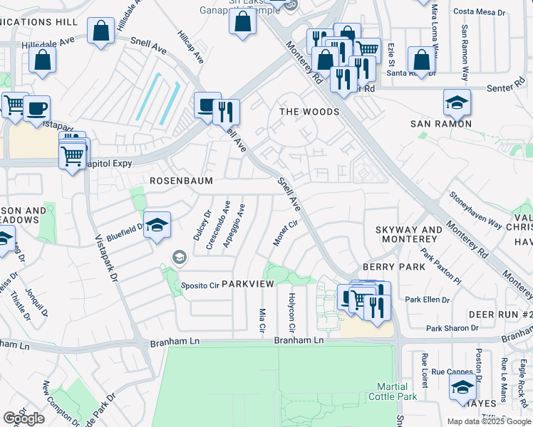 map of restaurants, bars, coffee shops, grocery stores, and more near 4165 Monet Circle in San Jose