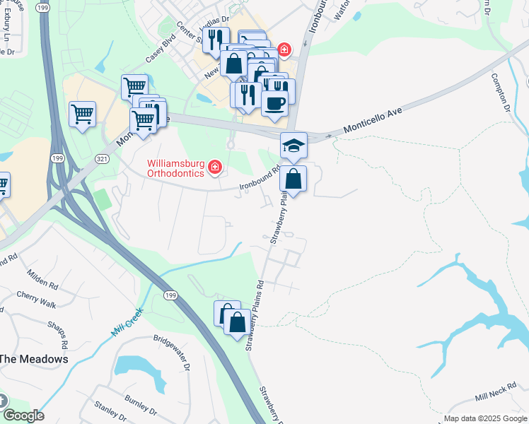 map of restaurants, bars, coffee shops, grocery stores, and more near 4006 Governors Square in Williamsburg